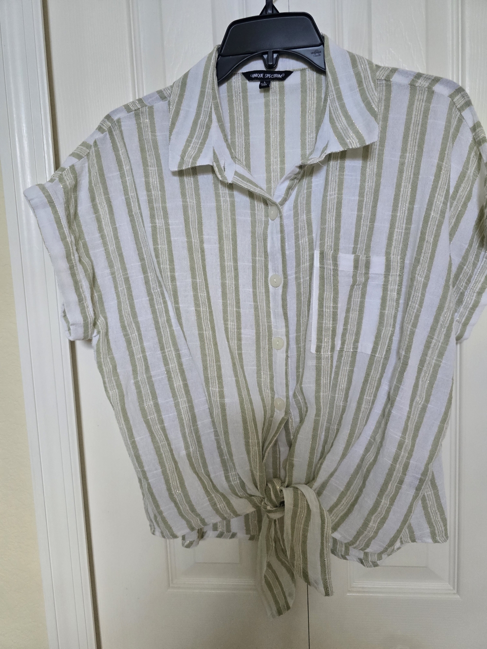 Olive & White Striped Tie-Front Button Shirt